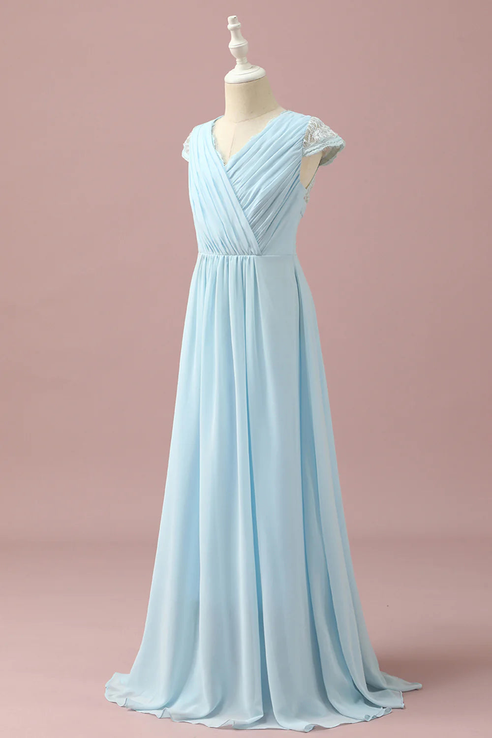 Light Blue Lace and Chiffon V-Neck Bridesmaid Dress