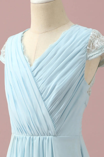 Light Blue Lace and Chiffon V-Neck Bridesmaid Dress