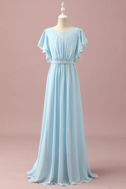 Light Blue Chiffon Batwing Sleeves A-Line Bridesmaid Dress