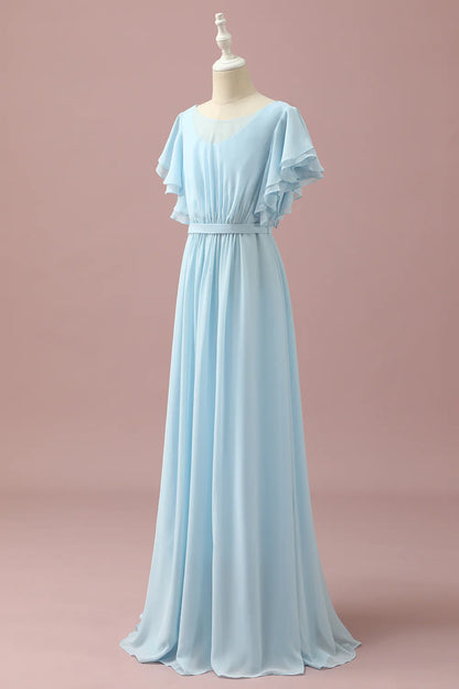 Light Blue Chiffon Batwing Sleeves A-Line Bridesmaid Dress