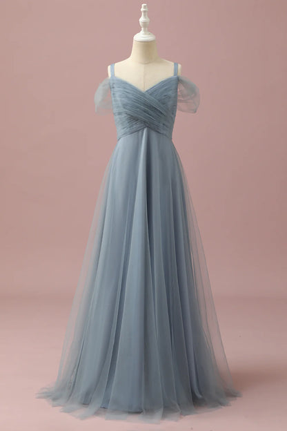 Grey Blue Cold Shoulder Tulle Bridesmaid Dress