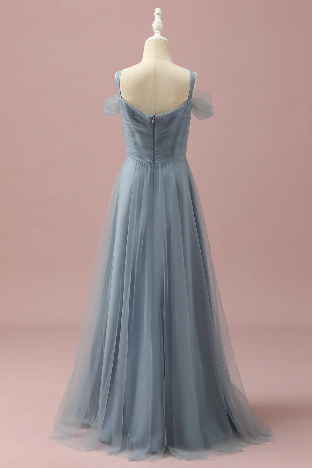 Grey Blue Cold Shoulder Tulle Bridesmaid Dress