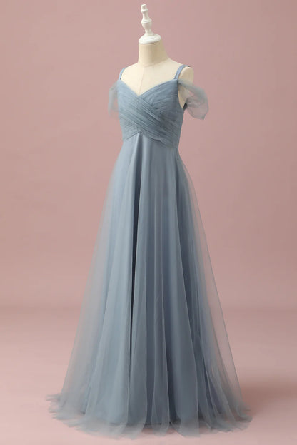 Grey Blue Cold Shoulder Tulle Bridesmaid Dress