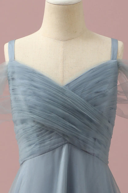 Grey Blue Cold Shoulder Tulle Bridesmaid Dress