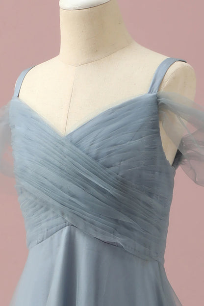 Grey Blue Cold Shoulder Tulle Bridesmaid Dress