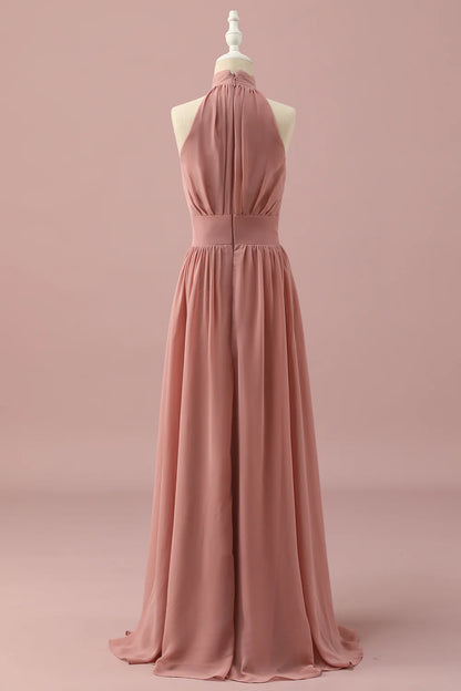 Light Brown Halter Chiffon Bridesmaid Dress