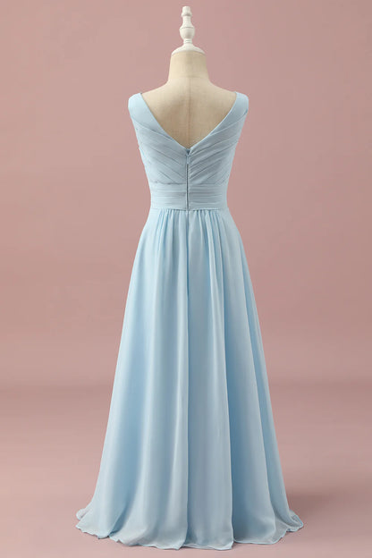 Light Blue V-Neck Chiffon Bridesmaid Dress