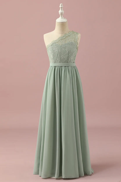 Green One Shoulder Lace and Chiffon Bridesmaid Dress