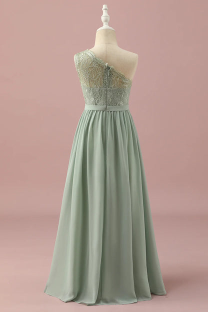 Green One Shoulder Lace and Chiffon Bridesmaid Dress