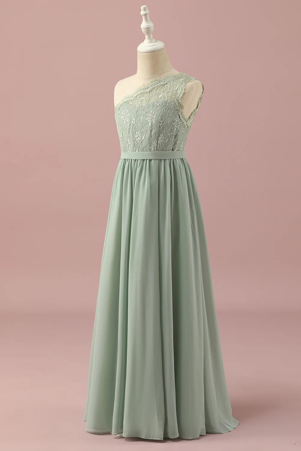 Green One Shoulder Lace and Chiffon Bridesmaid Dress