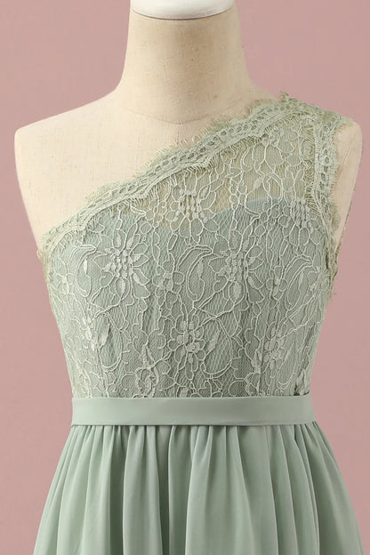 Green One Shoulder Lace and Chiffon Bridesmaid Dress