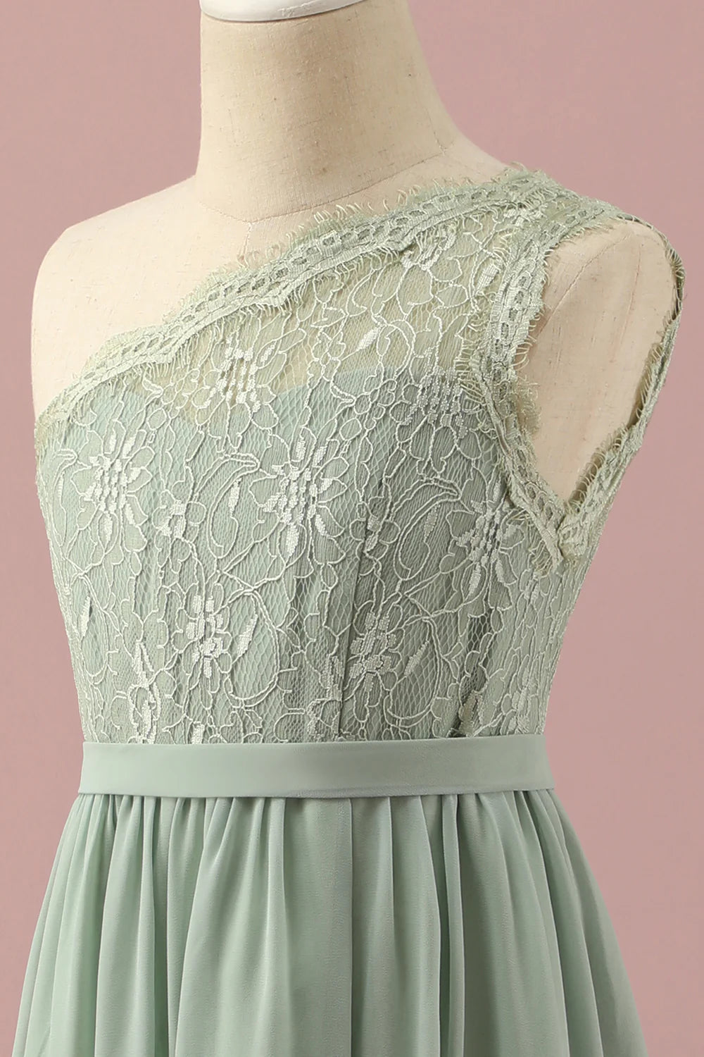 Green One Shoulder Lace and Chiffon Bridesmaid Dress