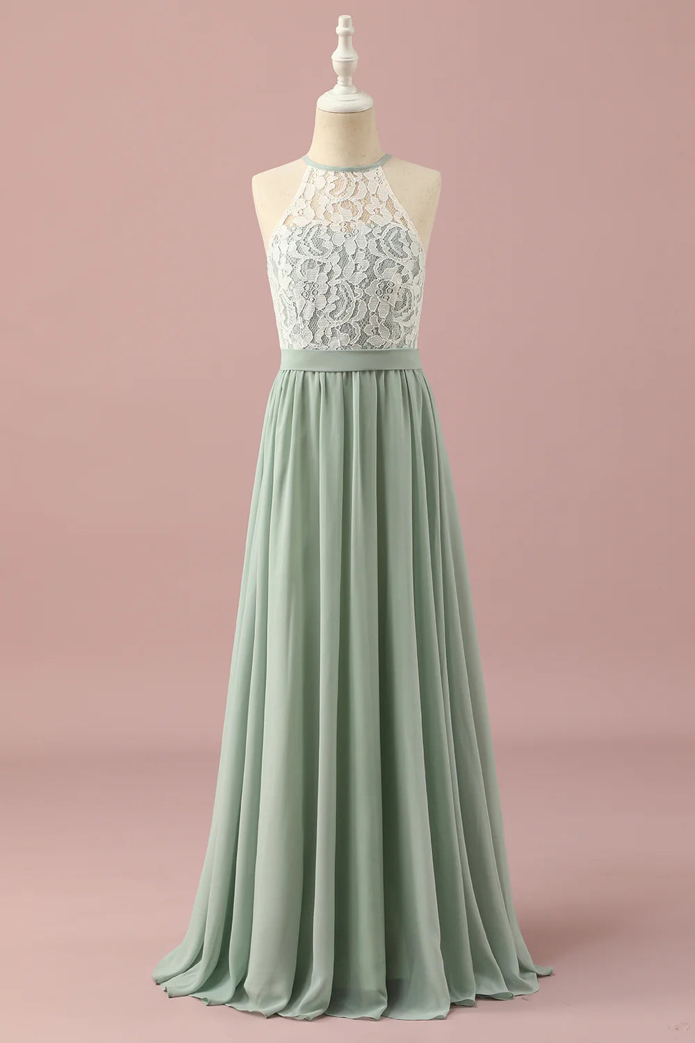 Green Lace and Chiffon Halter Bridesmaid Dress