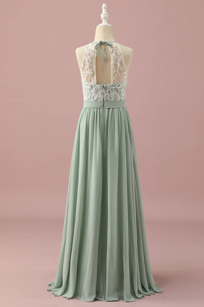 Green Lace and Chiffon Halter Bridesmaid Dress