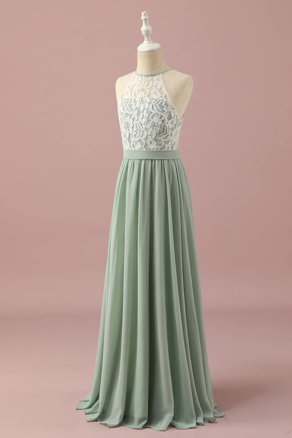 Green Lace and Chiffon Halter Bridesmaid Dress