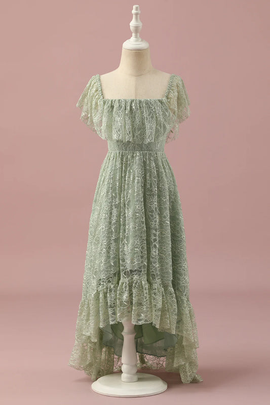 Green Lace Square Neck High Low Junior Bridesmaid Dress