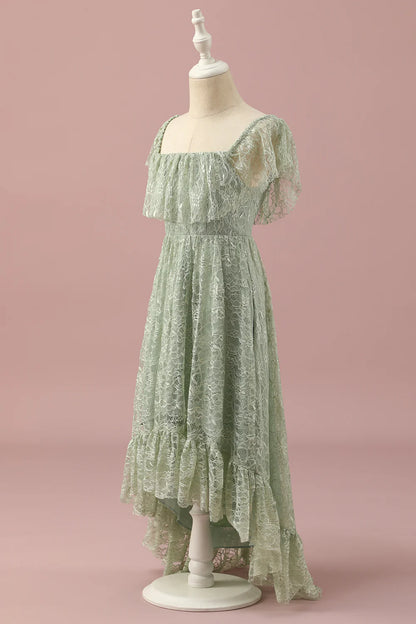 Green Lace Square Neck High Low Junior Bridesmaid Dress