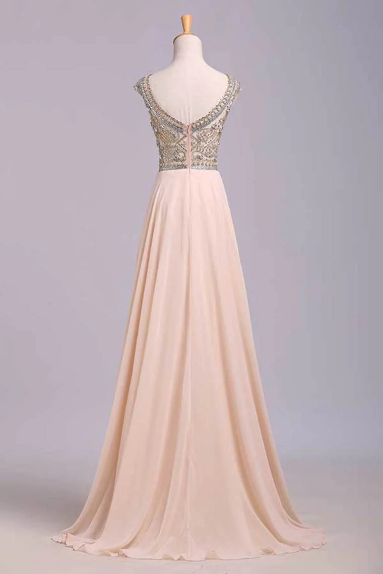 Party Dress Scoop A Line Floor Length Beaded Tulle Bodice With Chiffon Skirt