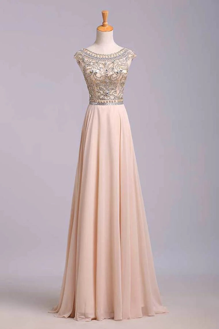 Party Dress Scoop A Line Floor Length Beaded Tulle Bodice With Chiffon Skirt