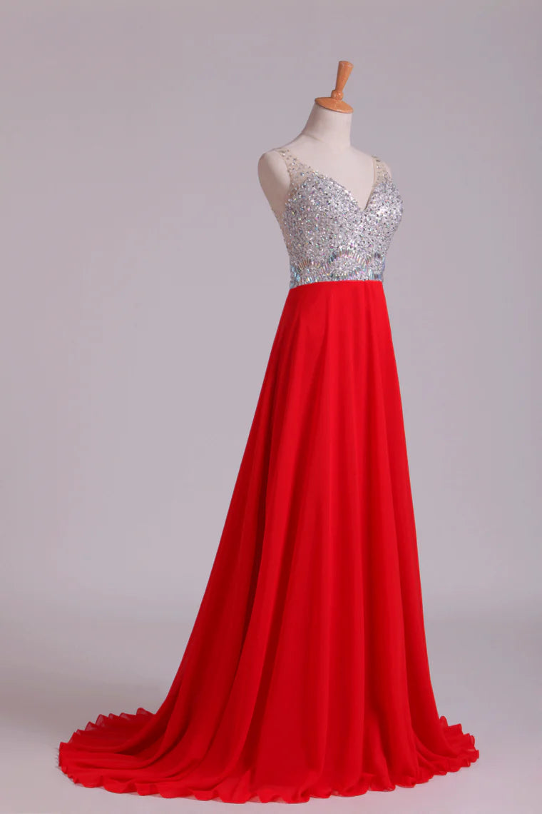 Party Dress V-Neck A-Line Beaded Tulle Bodice Sweep Train Chiffon