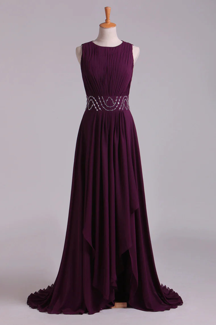 Party Dresses A-Line Bateau Floor-Length Chiffon With Beads  Ruffles