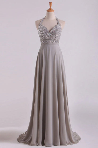 Party Dresses A Line Halter Floor Length Chiffon