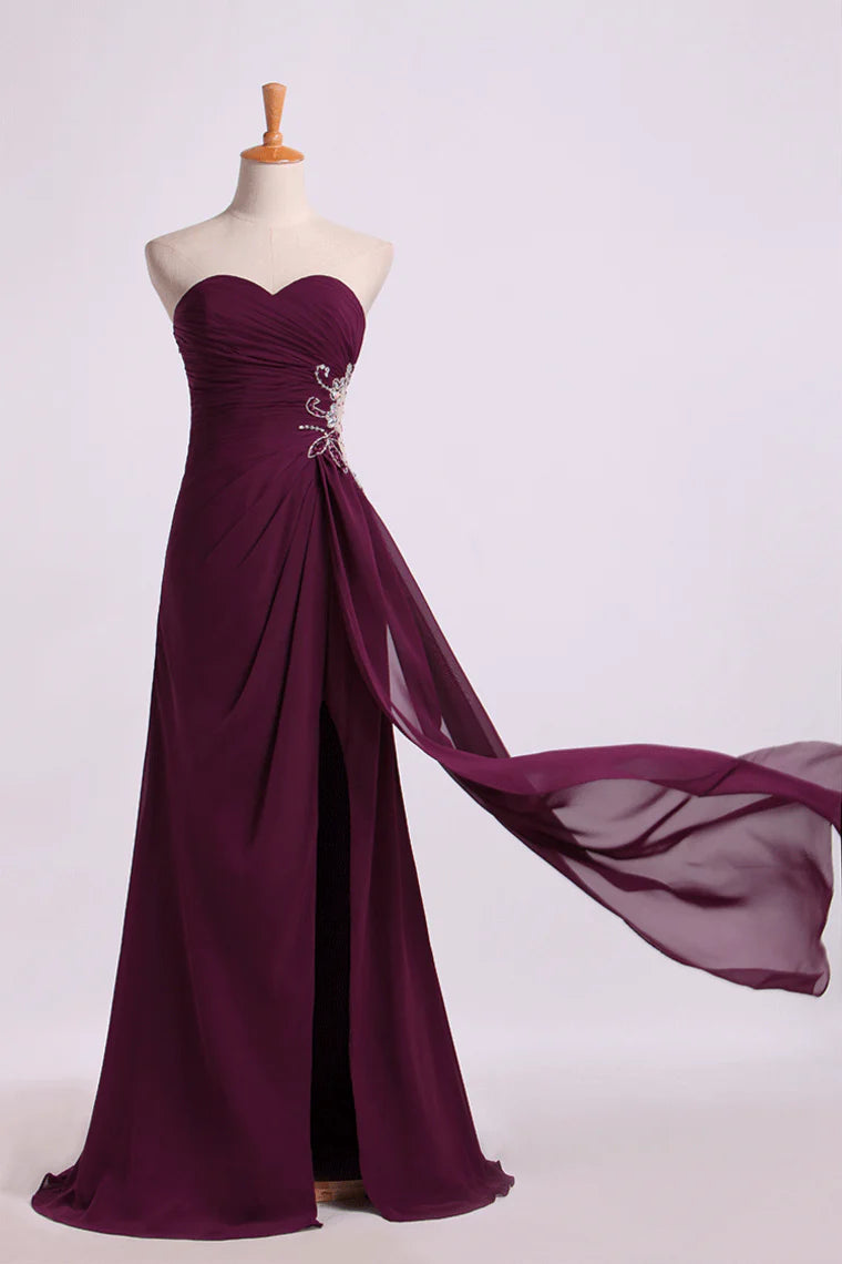 Party Dresses A Line Ruffled Bodice Beaded With Slit Floor Length