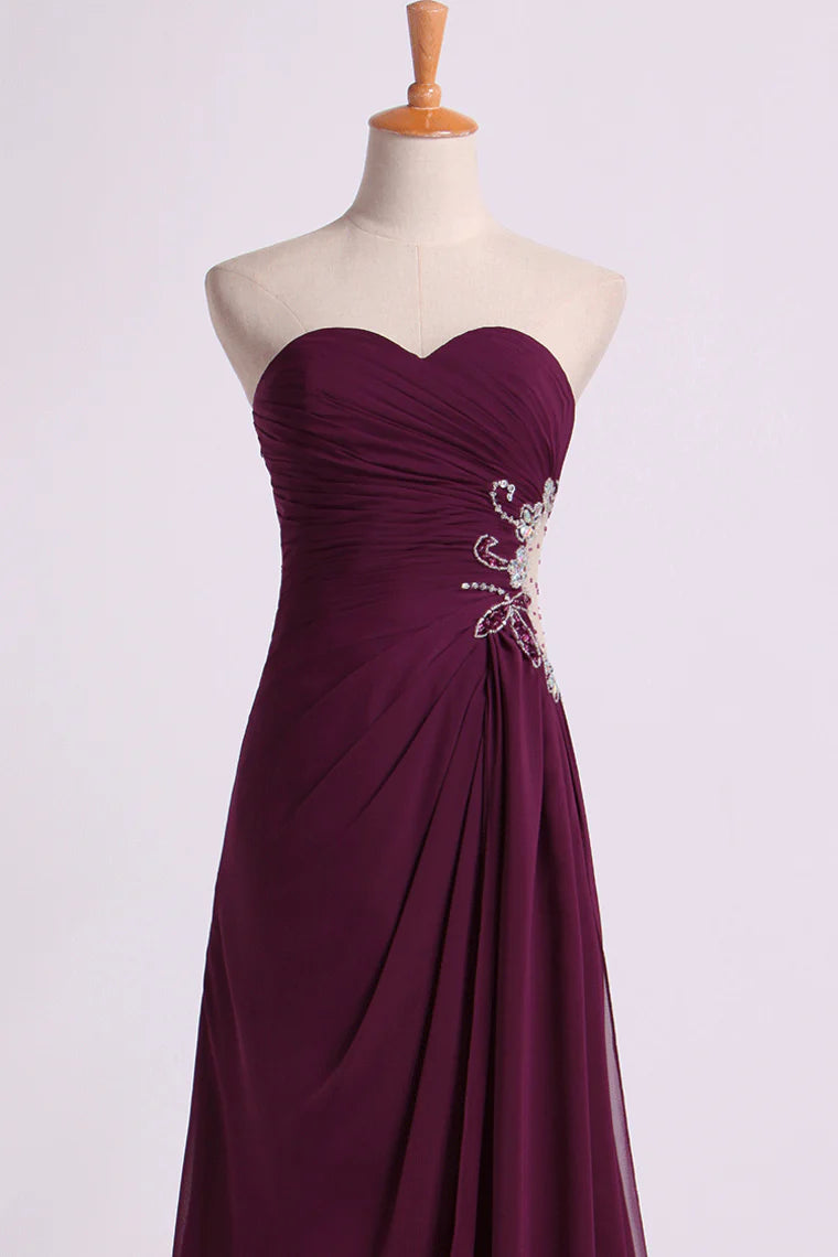 Party Dresses A Line Ruffled Bodice Beaded With Slit Floor Length