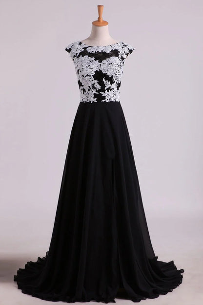 Party Dresses A Line Scoop Open Back With Applique & Slit Sweep Train Chiffon