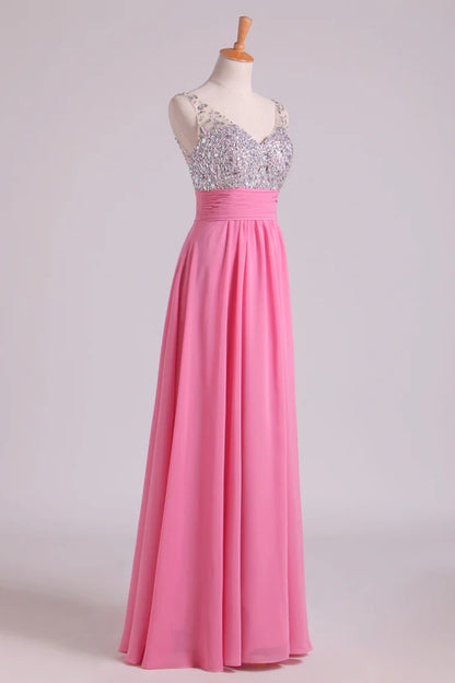 Party Dresses A Line V Neck Chiffon With Beading/Sequins Sleeveless Floor Length