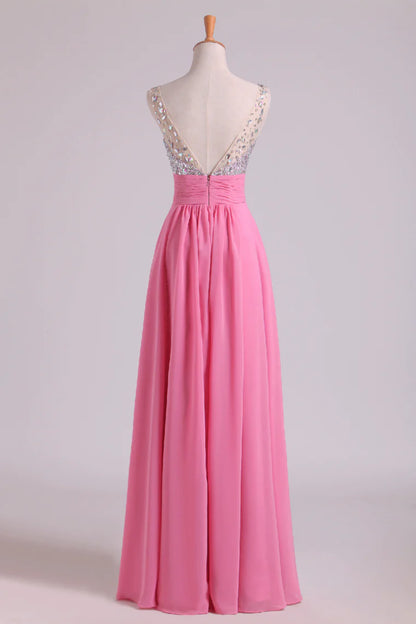 Party Dresses A Line V Neck Chiffon With Beading/Sequins Sleeveless Floor Length