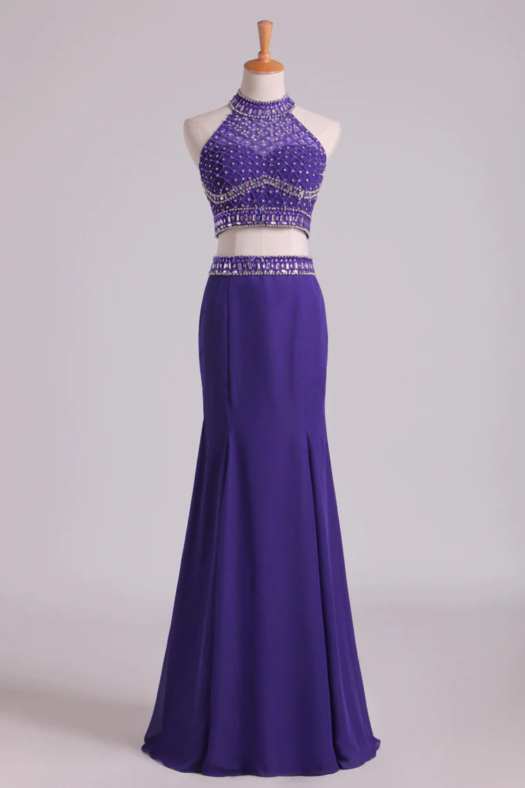 Party Dresses Halter Two-Piece Beaded Bodice Mermaid Open Back Spandex Tulle Floor Length