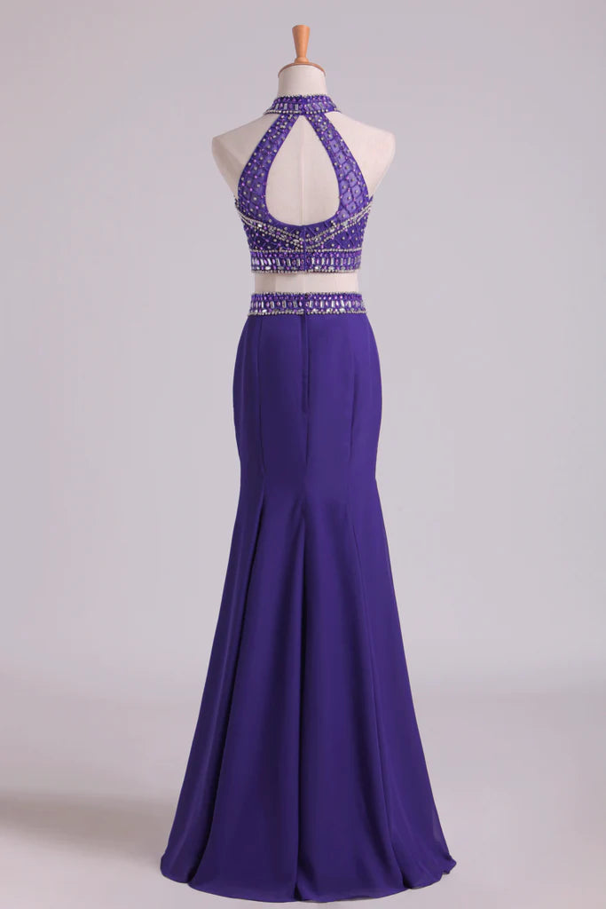 Party Dresses Halter Two-Piece Beaded Bodice Mermaid Open Back Spandex Tulle Floor Length