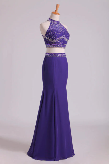 Party Dresses Halter Two-Piece Beaded Bodice Mermaid Open Back Spandex Tulle Floor Length