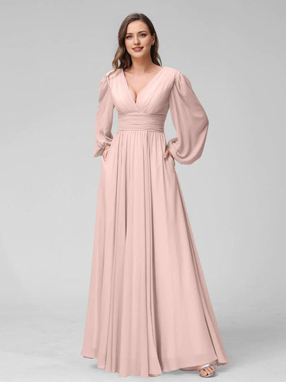 A-Line V-Neck Long Sleeves Long Chiffon Bridesmaid Dresses With Split