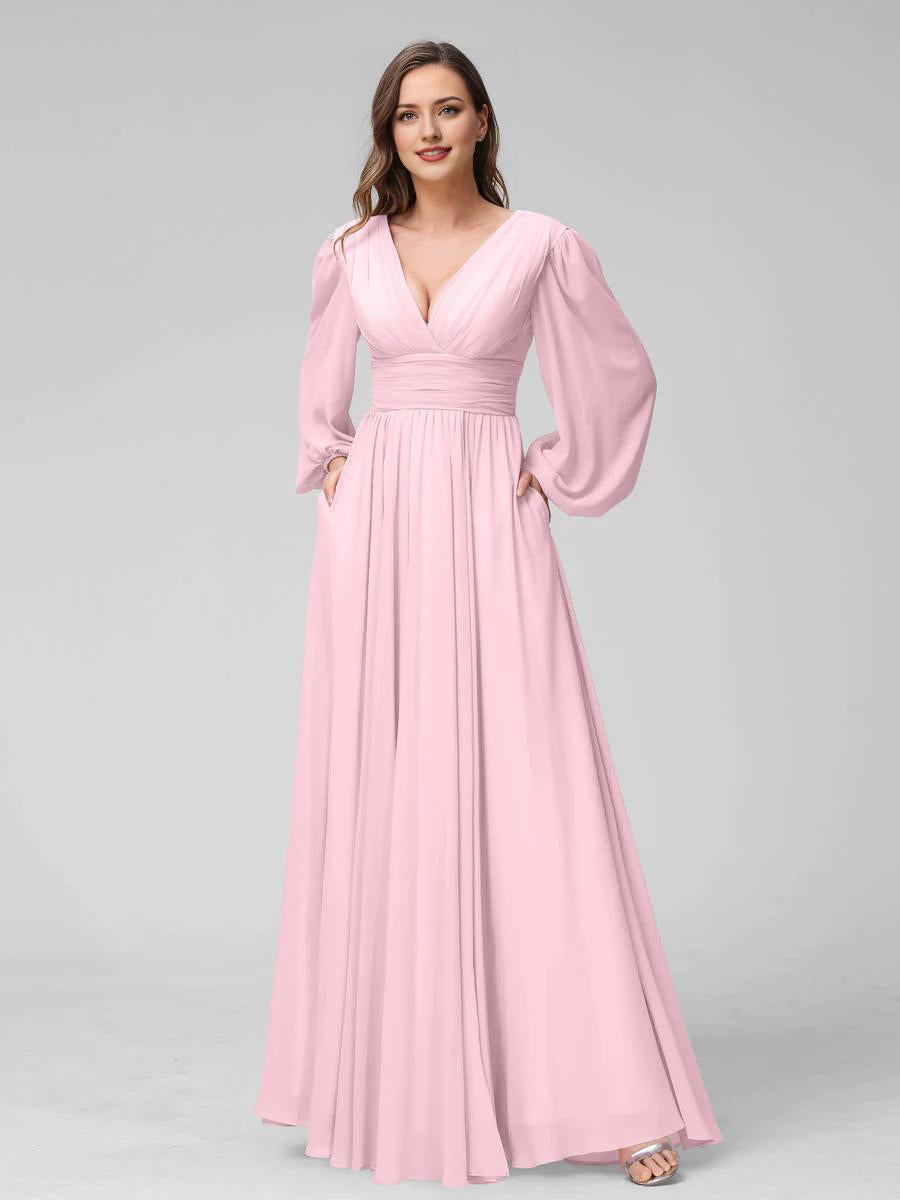 A-Line V-Neck Long Sleeves Long Chiffon Bridesmaid Dresses With Split