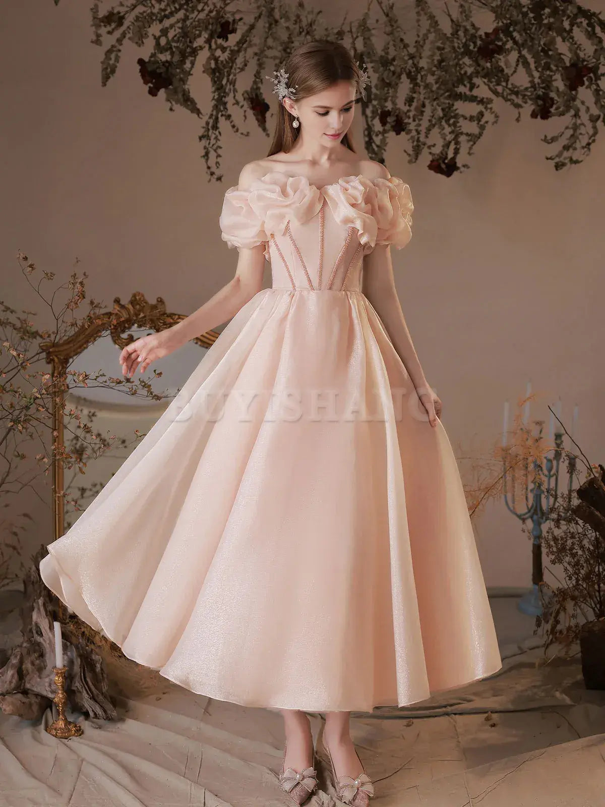 Buyishang Pink Tulle Off Shoulder Tea Length Prom Dress Pink Tulle Homecoming Dress prom dress in store