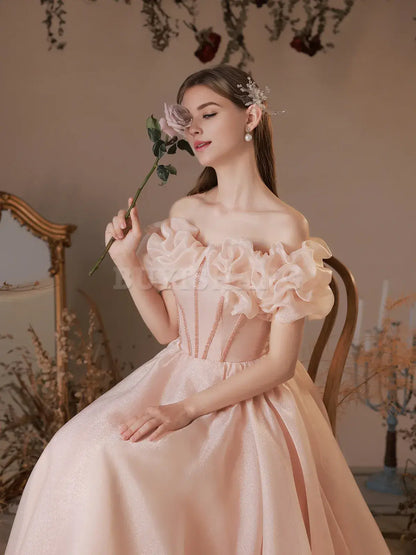 Buyishang Pink Tulle Off Shoulder Tea Length Prom Dress Pink Tulle Homecoming Dress prom dress in store