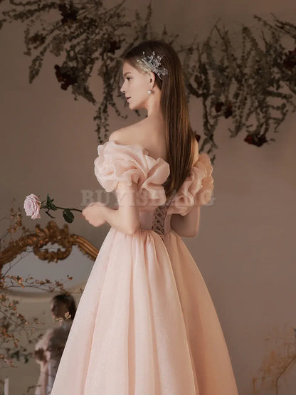 Buyishang Pink Tulle Off Shoulder Tea Length Prom Dress Pink Tulle Homecoming Dress prom dress in store