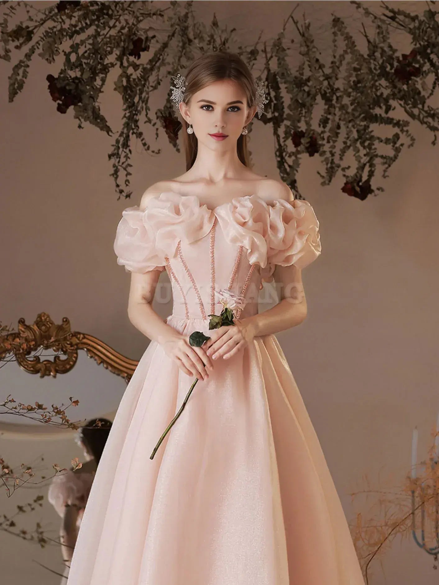 Buyishang Pink Tulle Off Shoulder Tea Length Prom Dress Pink Tulle Homecoming Dress prom dress in store