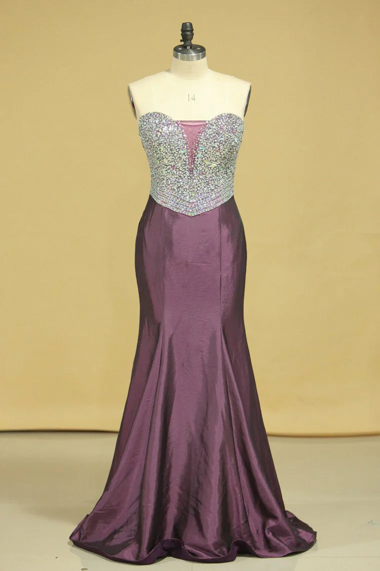 Sweetheart Beaded Bodice Mermaid Taffeta Party Dresses Floor Length Grape