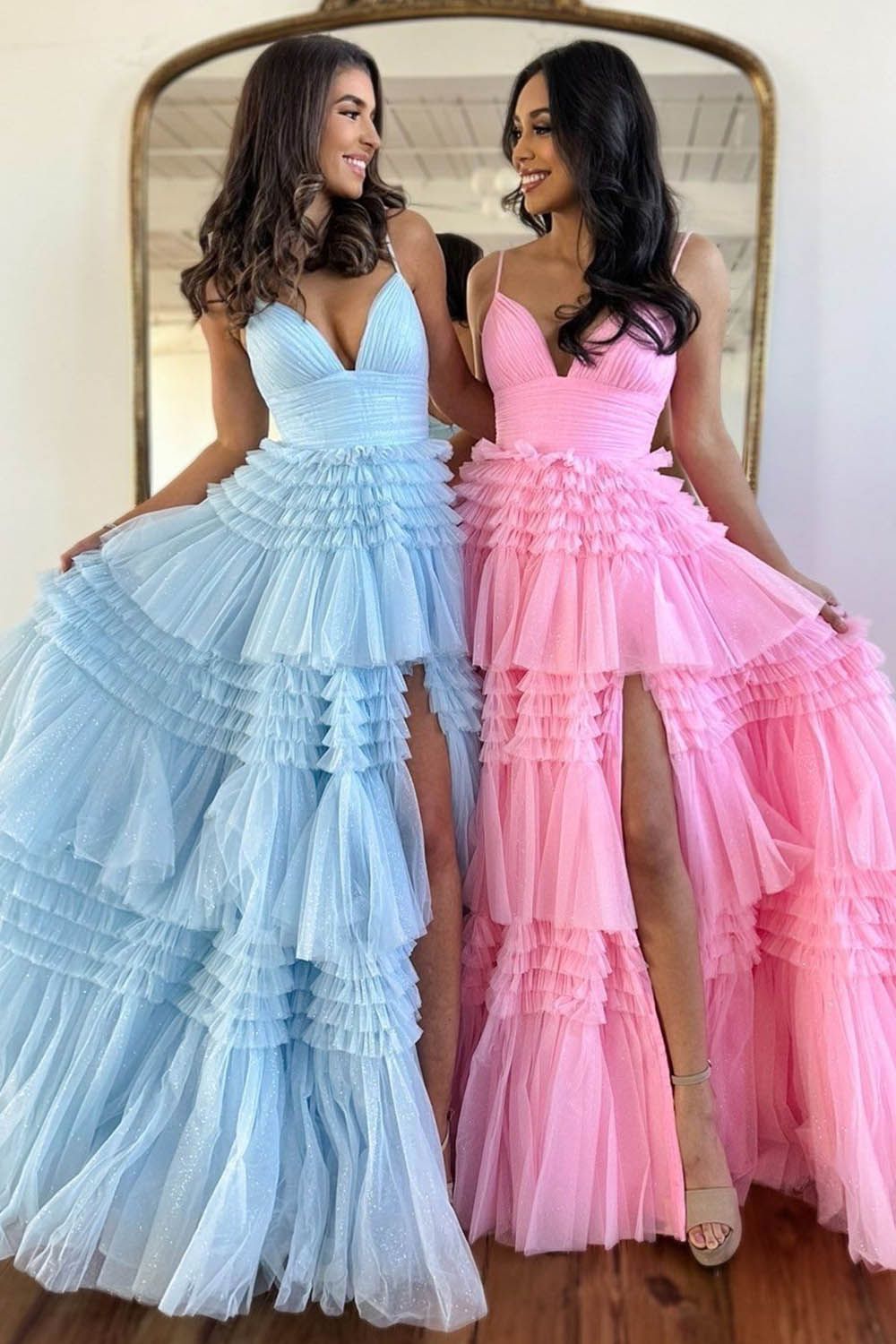 Stunning A-Line Spaghetti Straps Long Tiered Tulle Prom Dress With Split