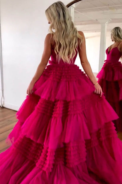 Stunning A-Line Spaghetti Straps Long Tiered Tulle Prom Dress With Split