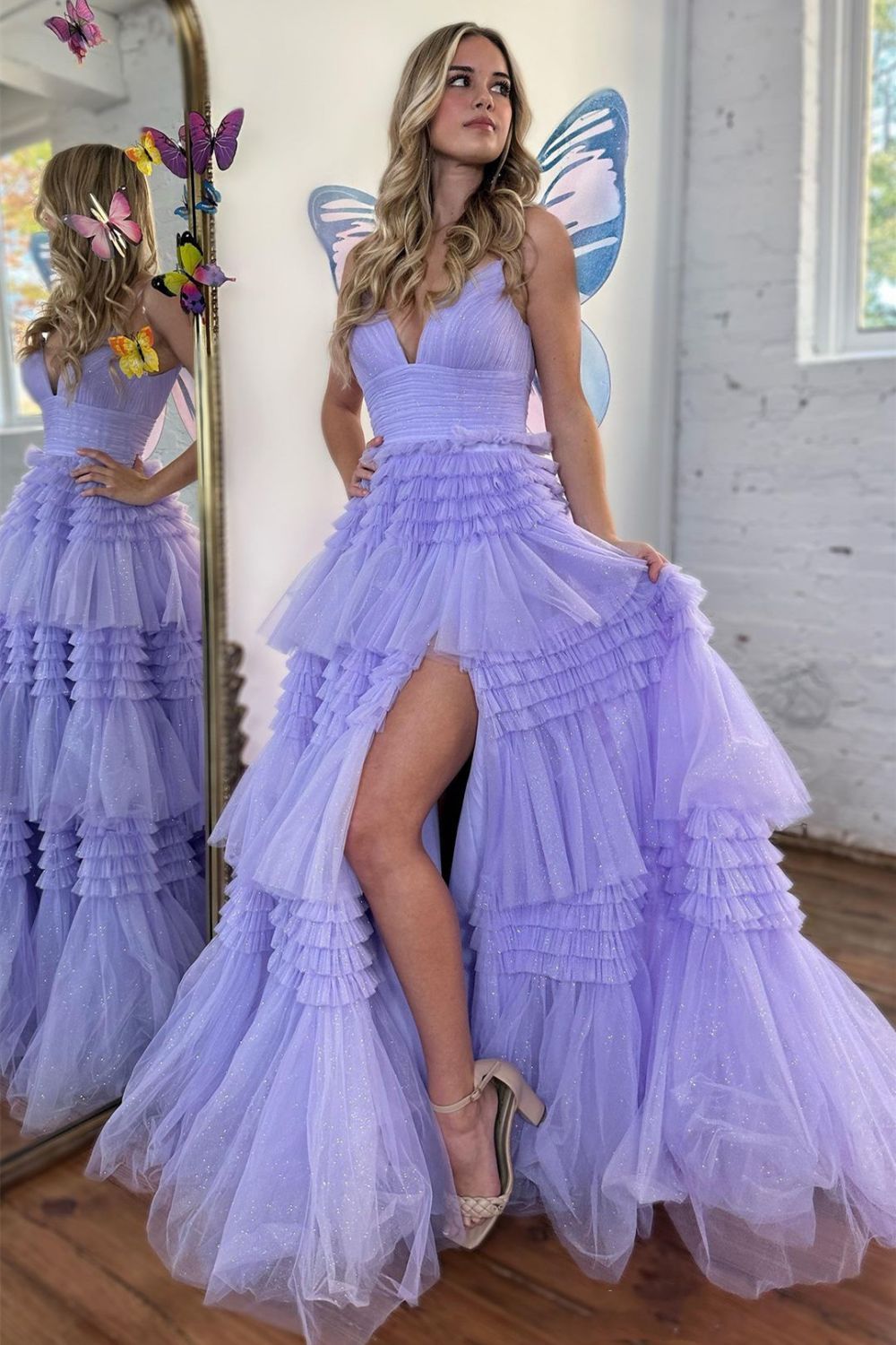 Stunning A-Line Spaghetti Straps Long Tiered Tulle Prom Dress With Split