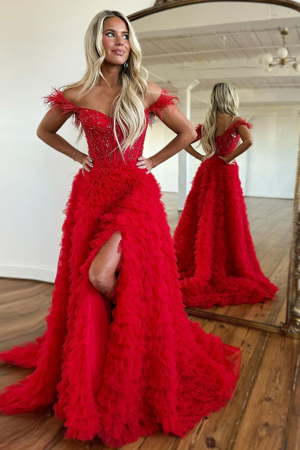 Stunning A-Line Feather Straps Long Ruffle Tulle Prom Dress With Split