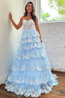 Princess A-Line Spaghetti Straps Long Glitter Prom Dress With Appliques