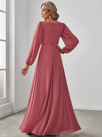 Elegant Chiffon V-Neckline Long Sleeve Formal Evening Dress