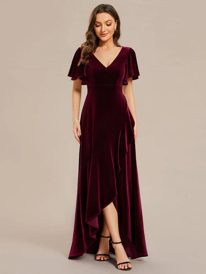 Double V-Neck Sleeves Stretchy Velvet Evening Dress with Lotus Leaf Hem