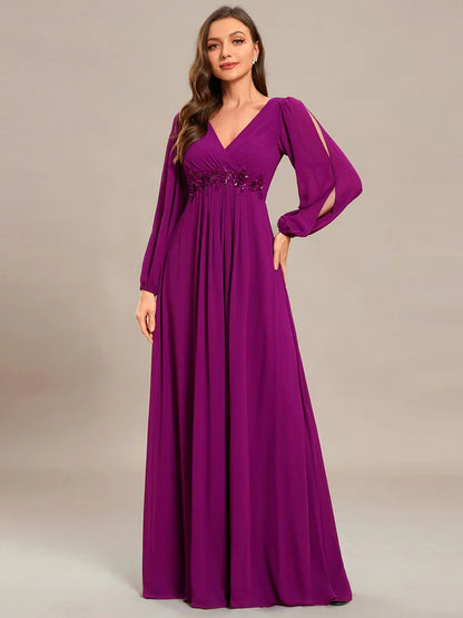 Elegant Chiffon V-Neckline Long Sleeve Formal Evening Dress