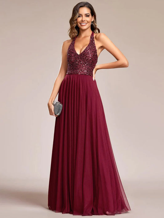 Sequin Halter Neck Top A-Line Backless Evening Dress with Tulle/Prom Dresses